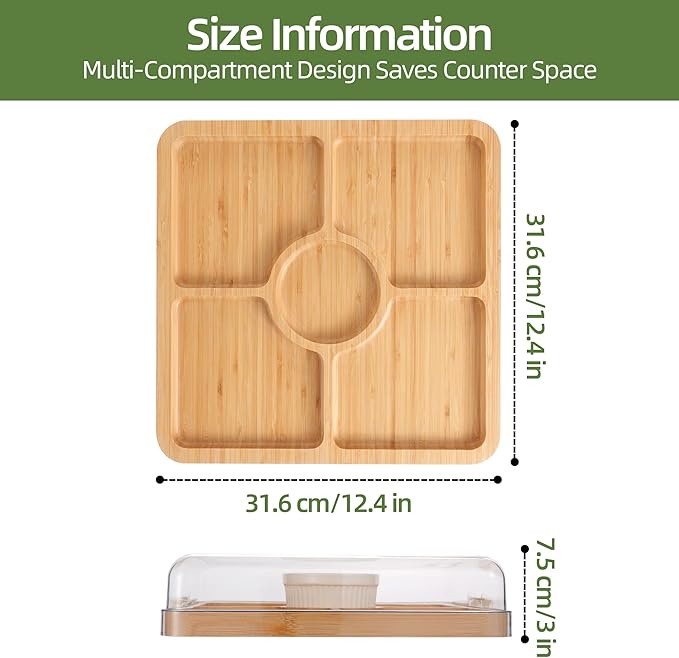 YANG Charcuterie Board with Lid, Divided Bamboo Serving Tray with Leak-Proof Locking Lid, Serving Platter Dish for Housewarming Party Gift Ready (5 Compartments,Square)