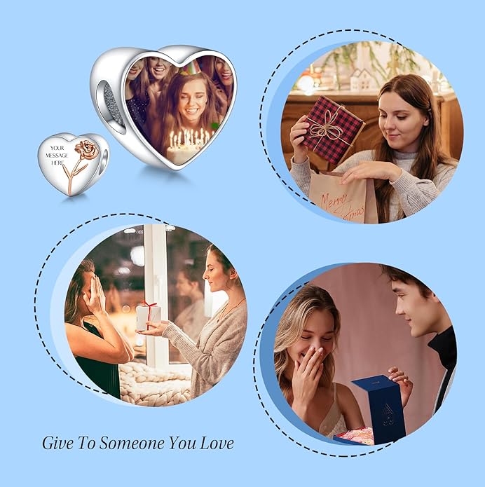 Annmors Personalized Photo Charm for Bracelet Necklaces,925 Sterling Silver Charm Love Heart Shaped Engraved Customize Picture Gift for Birthday Mother's Day Christmas,Bead Charms Jewelry for Women