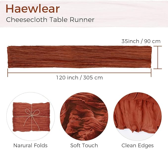 10PCS Terracotta Cheesecloth Table Runner 10ft Boho Gauze Fabric Cheese Cloth Table Runner Comes with 10 Cloth Napkins Runner for Romantic Wedding Birthday Shower Party Table Decoration