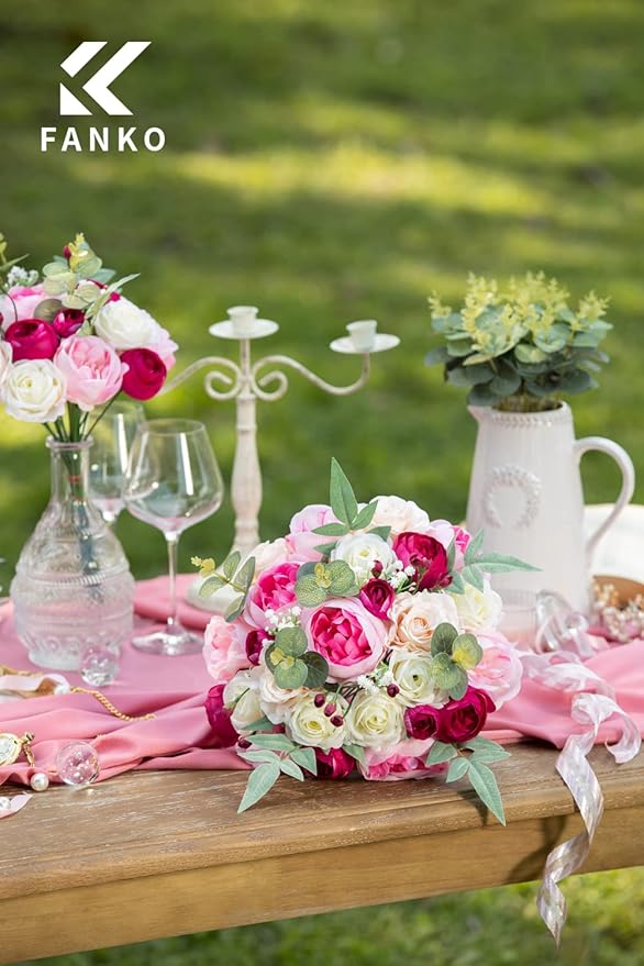 FANKO Rose Artificial Flowers Combo for DIY, Fake Pink Rose Silk Flowers Greenery, Faux Flowers for Wedding Bridal Bouquet, Baby Shower, Table Centerpieces, Floral Arrangement, Party Home Decoration