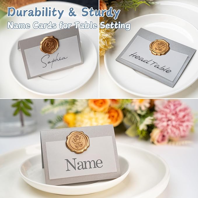 25 Pack Name Cards for Table Setting, Place Cards with Antique Gold Rose Wax Seal Sticker for Wedding, Table Tent Card Stock Handmade Decor for Party, Dinner, Home (Pearlized Silver Gray)