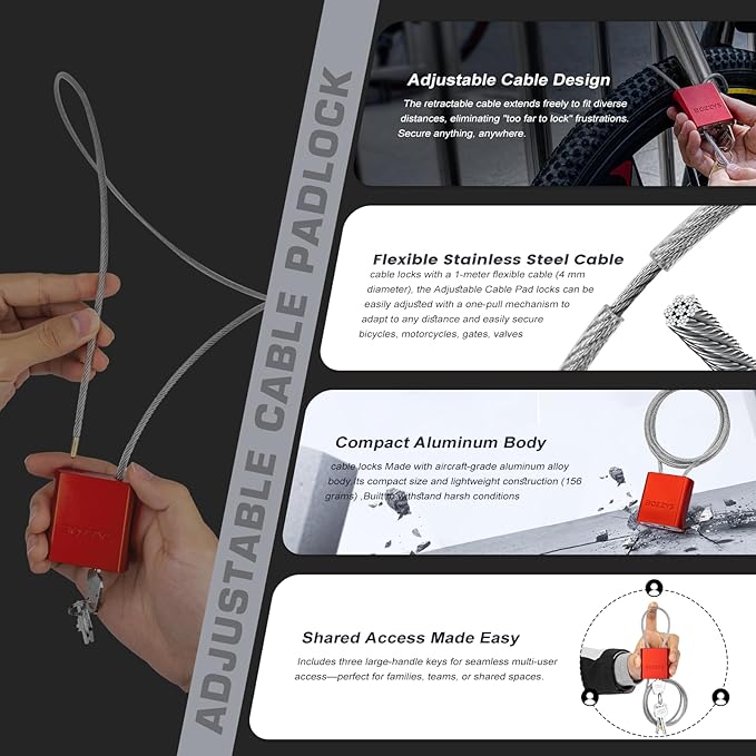 Cable Lock with 3 Keys | L 3.28ft(1m),D 1/6in(4mm) Adjustable Steel Cable Padlock | Aluminum Locks for Bikes, Gate, Lockers & Outdoor Gear | Weatherproof& Silver