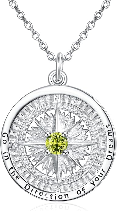 KINGWHYTE Graduation Gifts Birthstone Necklace for Women 925 Sterling Silver Compass Pendant Go in the Direction of your Dream Travel Jewelry Birthday Gift for Her