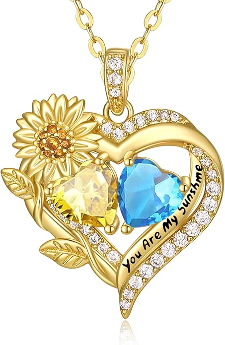 Sunflower Heart Necklace for Women 14K Gold Exquisite Valentines Day Anniversary Birthday Gifts for Wife Mother Her Double Birthstone Pendant Jewelry‘You Are My Sunshine’