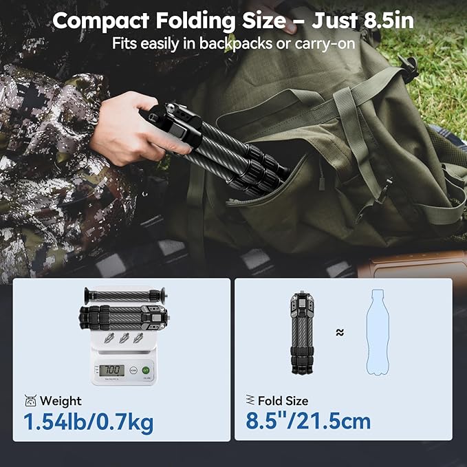 SIRUI Mini Carbon Fiber Tripod with Extendable Center Column, Max Height 26", Supports 33lbs - Ultra-Light 1.7lbs for Desk & Travel, New Anti-Corrosion Carbon Fiber(AM-223S+SL-100S)