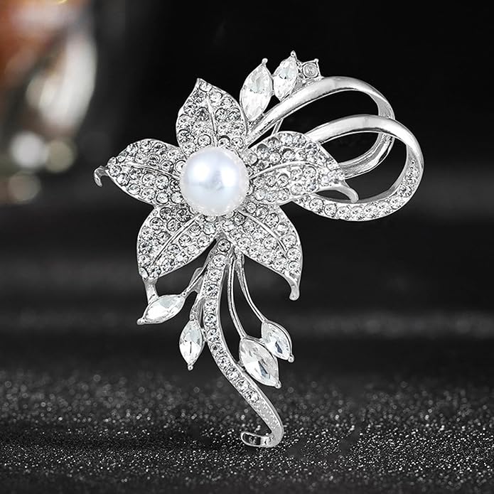 Crystal Pearl Flower Brooches Pins Fashion Beautiful Created Rhinestone Floral Brooch Good Idea for Party Dance Wedding Banquet for Elegant Women Girl