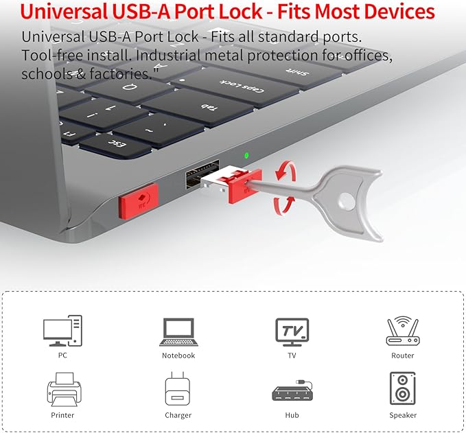 24PCS USB Metal Port Lock Blocker with 2 Keys - Secure USB-A Port Protector for PC/Laptop, Anti-Theft Data Security Lock, Dust & Moisture Proof Cover, Removable Type-A Connector Red