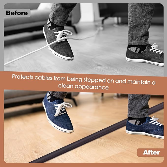 Floor Cord Cover for Wires on Floor Self Adhesive Cord Hider Floor Cable Management Wire Covers for Cords Protector Prevent Cable Trips Cord Cavity W 0.59" x H 0.31", Black Walnut, 20Ft