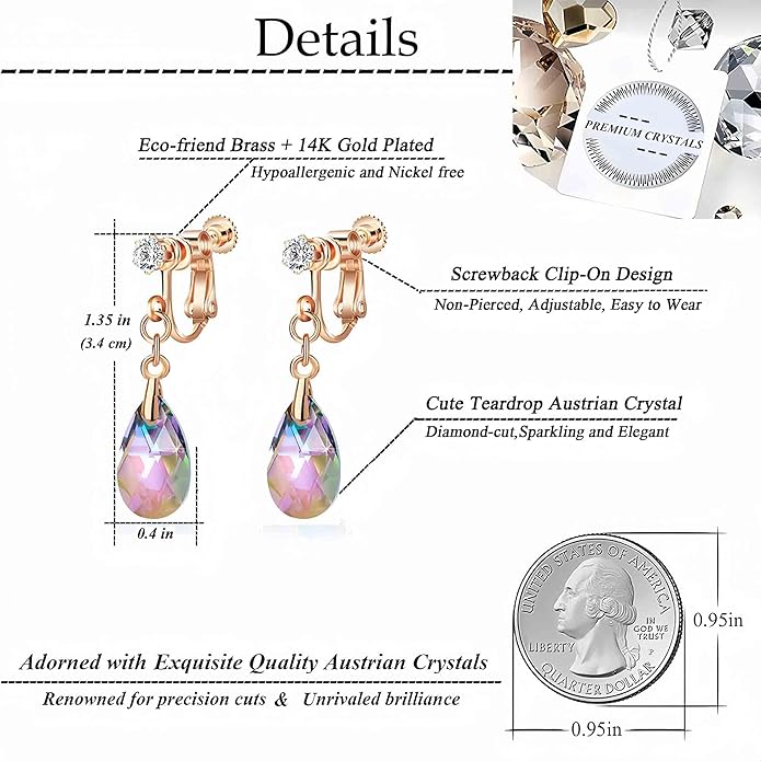 Teardrop Austrian Crystal Drop Clip On Dangle Earrings for Women Non Pierced 14K Rose Gold Plated Hypoallergenic Jewelry