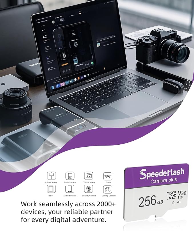 Micro SDXC Memory Card 256GB-Speederlash Camera Plus TF Card with Adapter, Up to 100MB/s Read Speed, 4K UHD&5K Video Support, U1, V30, A1 Rated, Waterproof, for Security Camera, Dashcam
