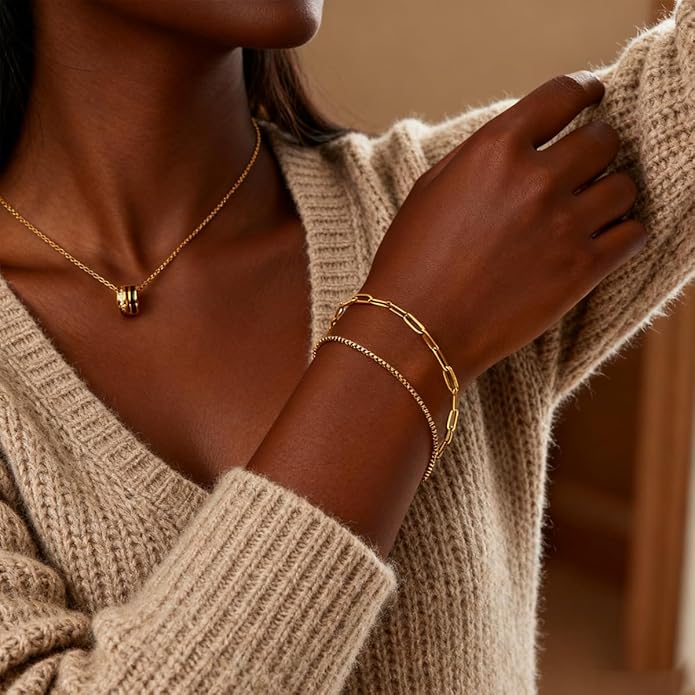 18K Gold Plated Bracelet Sets for Women Waterproof - Trendy Thin Dainty Stackable Cuban Link Paperclip Snake Twisted Chain Fashion Jewelry Accessories Gifts for Women