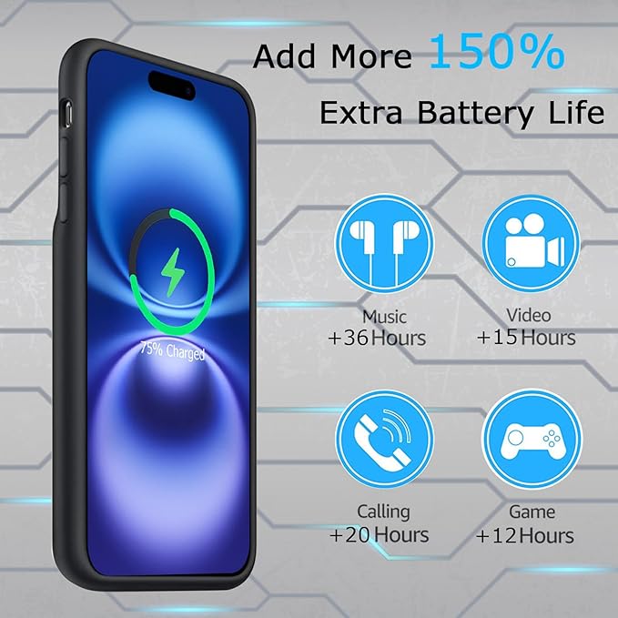Battery Case for iPhone 16, Upgraded 10000mAh Ultra-Slim Rechargeable Portable Extended Battery Pack Support Qi Wireless Charging Case Compatible with iPhone 16 (6.1 inch) Charger Case Cover(Black)