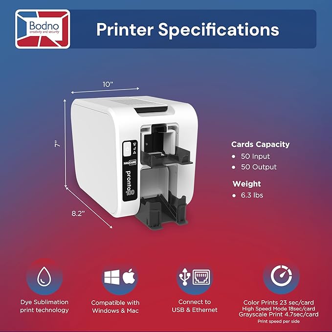 Bodno Magicard Pronto 100 ID Card Printer & Complete Supplies Package ID Software - Silver Edition
