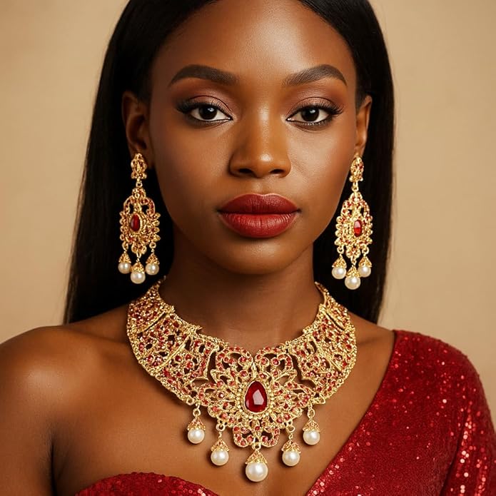 Touchstone Indian jewelry sets for women tikka wedding necklace costume guest statement bollywood rhinestones crystal faux pearls gold big royal neck piece set bridal fashion accessories
