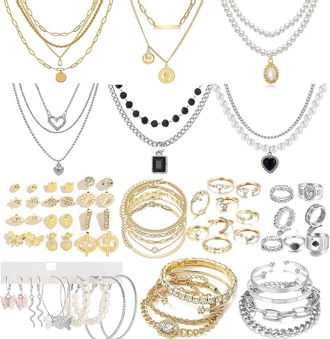 73 Pcs Gold Jewelry Set with 6Pcs Layered Necklace, 11 Pcs anklet and 7Pcs Earring Ear Cuff,12Hoop Earrings ,15pcs Rings,21pcs stud earrings Jewerly set for Women Pack for Friendship Party Gift