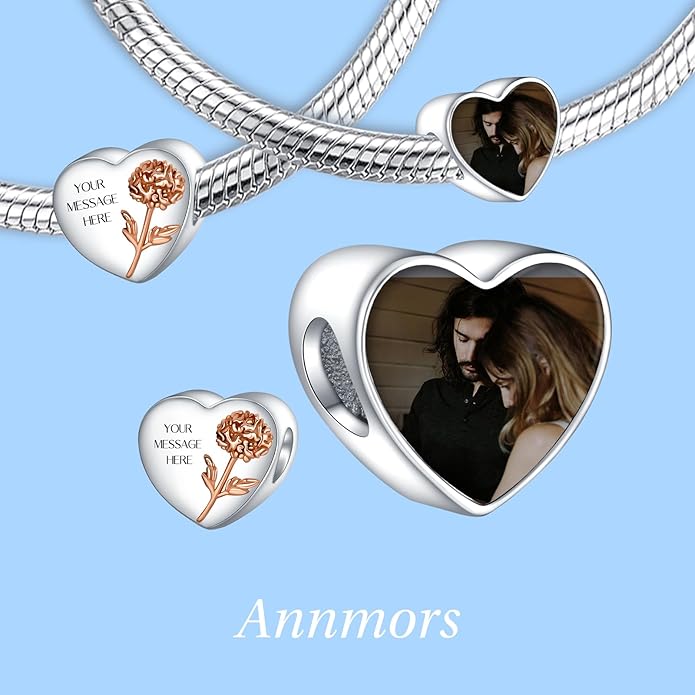 Annmors Personalized Photo Charm for Bracelet Necklaces,925 Sterling Silver Charm Love Heart Shaped Engraved Customize Picture Gift for Birthday Mother's Day Christmas,Bead Charms Jewelry for Women