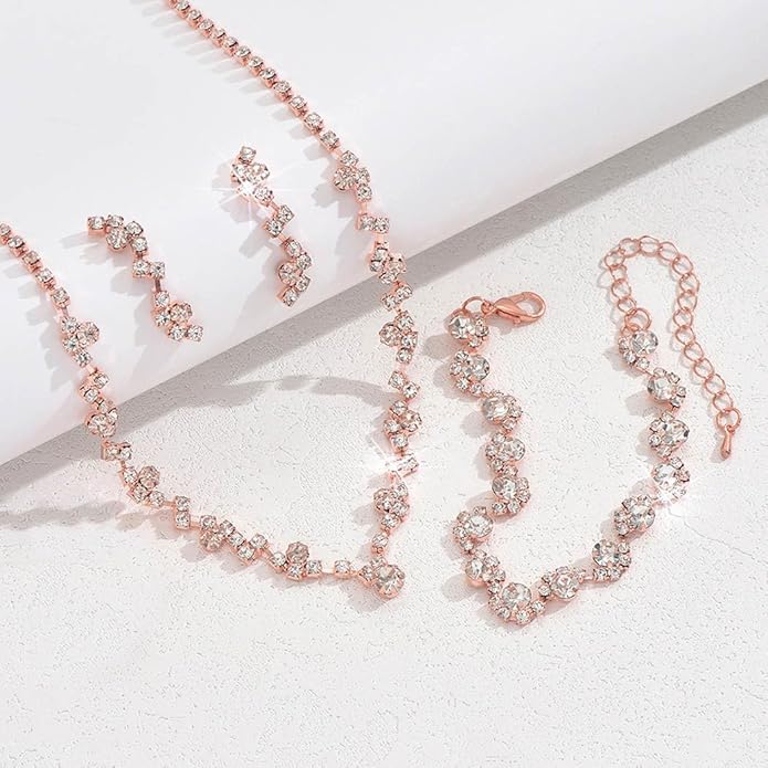 Unicra Bride Crystal Necklace Earrings Set Bridal Wedding Jewelry Sets Rhinestone Choker Necklace Costume Jewelry Set for Women and Brides (3 piece set - 2 earrings and 1 necklace)