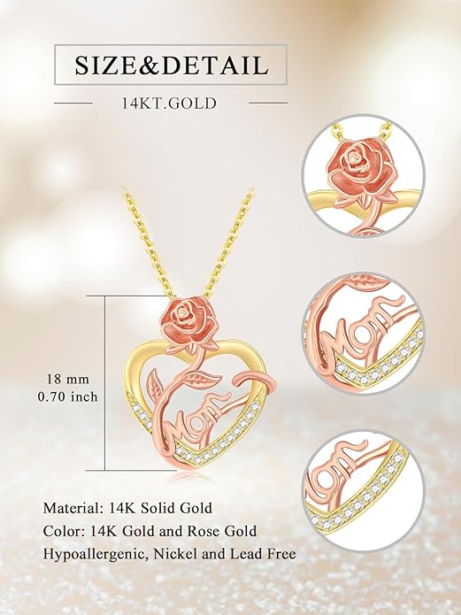 14K Solid Gold Rose Flower/Sunflower Necklaces for Women Flower Heart Pendant Necklace Love Sunshine Jewelry Anniversary Valentine's Day Birthday GiftS for Women Wife Girlfriend Her Mom