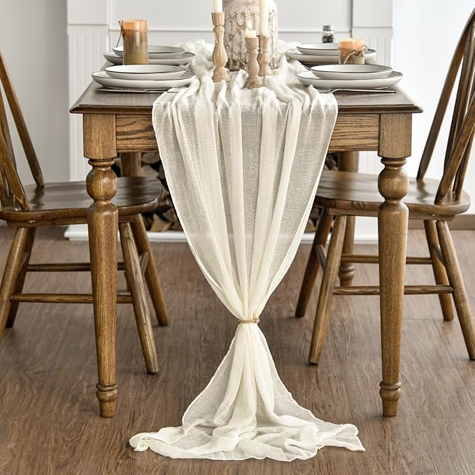 Artoid Mode Boho Cheesecloth Gauze Beige Wedding Table Runner, 160 Inch Seasonal Fabric Kitchen Dining Holiday Table Decor for Home Party Indoor