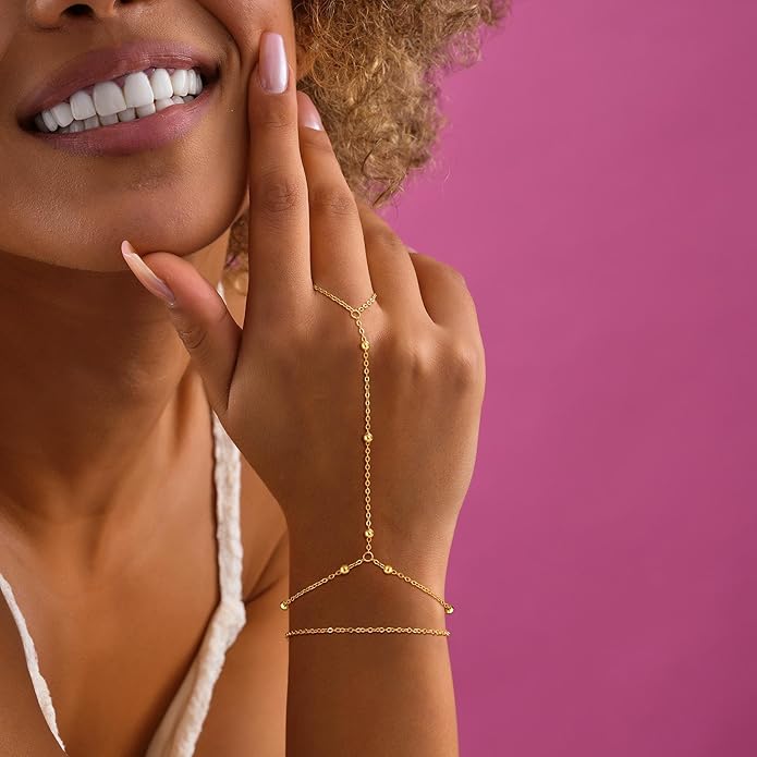 Valentine Gift 14K Gold Plated Hand Chain Bracelet for Women Trendy, 2 Pcs Stackable Gold/Silver Finger Ring Bracelet Hand Chain Dainty Non Tarnish Waterproof Set Jewelry Adjustable 7'+2