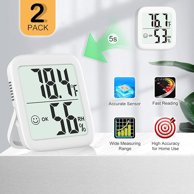 Antonki 2 Pack Room Thermometer for Home, Indoor Hygrometer Humidity Meter Gauge, Digital Temperature and Humidity Sensor Monitor for House, Terrarium, Incubator, Greenhouse - Battery Included
