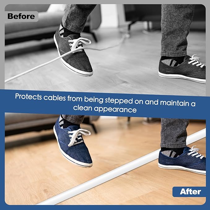 Floor Cord Cover for Wires on Floor Self Adhesive Cord Hider Floor Cable Management Wire Covers for Cords Protector Prevent Cable Trips Cord Cavity W 0.47" x H 0.27", White, 10Ft