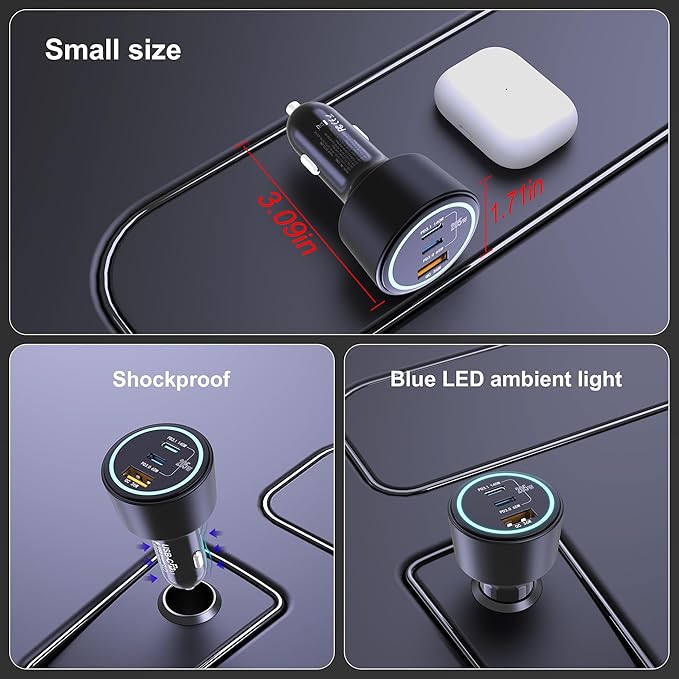 205W USB C Car Charger, 3-Ports PD3.1/PPS/QC3.0 Fast Charging Type C Cigarette Lighter Adapter for MacBook Pro Laptop, iPhone 16/15/14/13/12, Galaxy S24/S23 Ultra etc