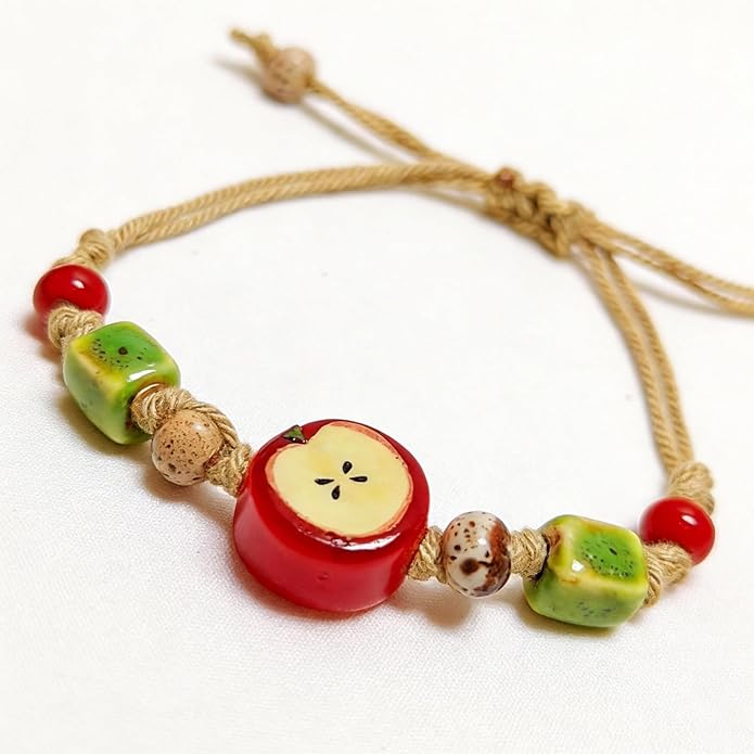 Handmade Ceramic Apple Charm Bracelet, Woven Rope String Wristband with Red Fruit Porcelain Beads, Adjustable Artisan Jewelry for Women, Nature-Inspired Accessory, Unique Teacher Appreciation Gifts
