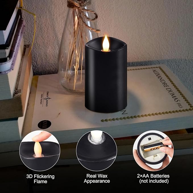1PCS, 3 x 5 inches Flameless Candle with Remote Control, 3D Flickering Wick, Real Wax Pillar LED Candles, Battery Candles,with Timer,for Holiday Home Decor, Black