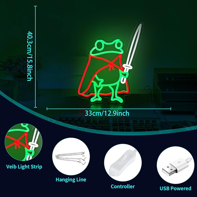 Frog Neon Sign Cute Neon Signs for Wall Decor Green Red Neon LED Sign for Man Cave Room Home Party Birthday Bar Signs - USB Powered