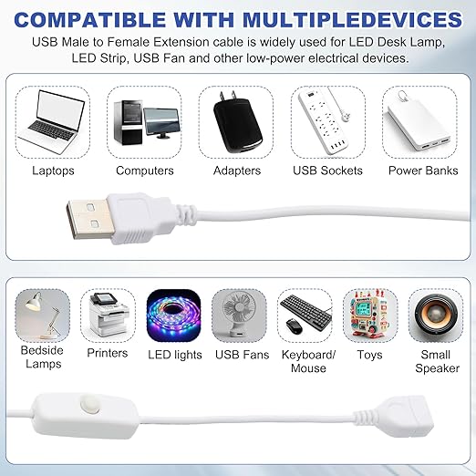 MECCANIXITY USB Extension Cable with ON/Off Button Switch 2m USB Male to Female Extension Cord for Desk Lamp Fan LED Light Strip White Pack of 1