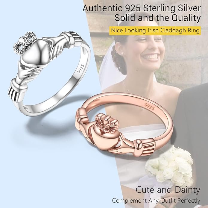 PROSILVER 925 Sterling Silver Claddagh Ring/Celtic Knot Ring for Women, Irish Wedding Band, Rose Gold Plated/Gold Plated, Size 4-12, Come with Box