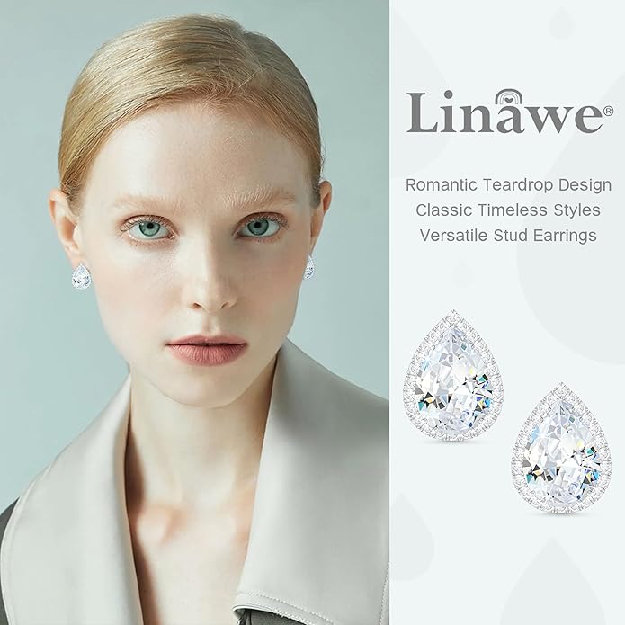 Linawe Women Stud Earrings, Teardrop Diamond Moissanite Cubic Zirconia Earrings Studs Rhinestone Jewelry Gold/Silver/Rose Gold