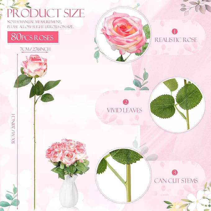 Hotop 80 Pcs Rose Artificial Flowers Bulk with Long Stem, Silk Roses Realistic Fake Flowers Bouquet for Wedding Table Centerpieces Bridal Shower Party Home Decorations(Gradient Pink)