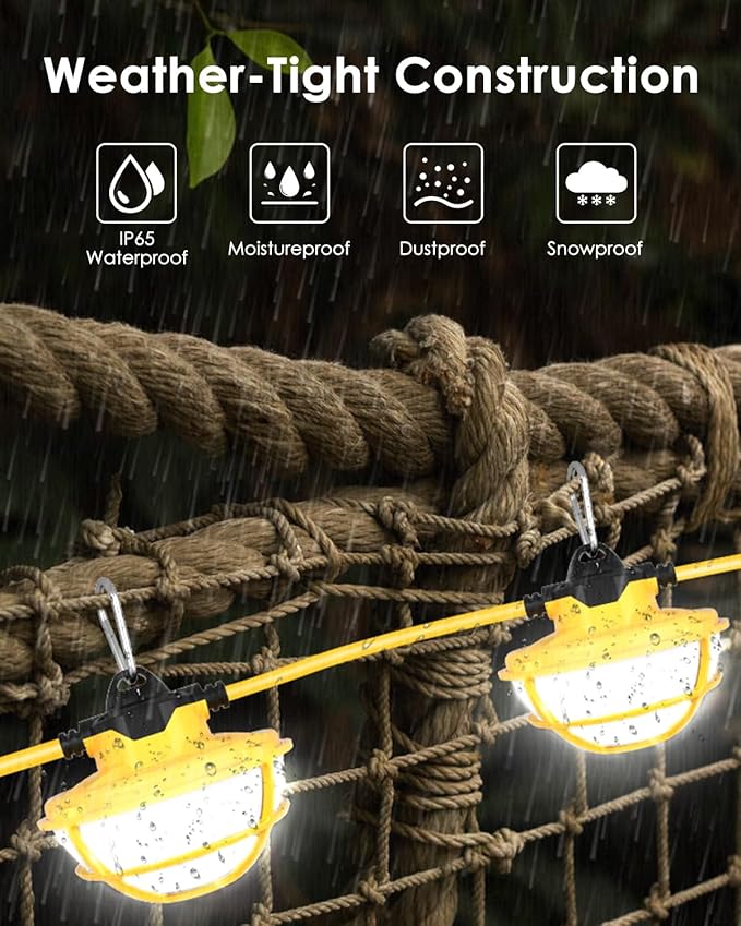 100FT LED Construction String Lights - 3 Prong, 130W 16000LM Plug in Linkable String Work Lights, 5000K Weatherproof Temporary Lighting for Construction Sites, Jobsites, Indoor & Outdoor, UL Listed