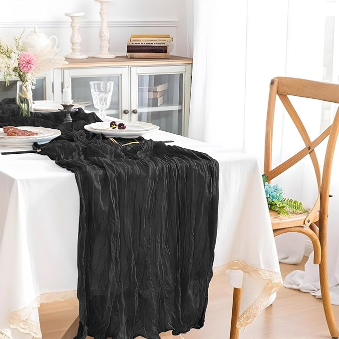 2 Pack 10 Ft Cheesecloth Table Runner Black Gauze Long Table Runners Boho Gauze Cheese Cloth Table Runner Rustic Sheer Runner for Wedding Party Table Decor ( 35 x 120 Inch )