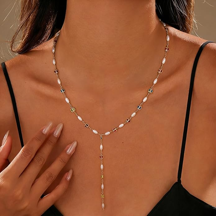 Necklace for Women, Dainty Long 14K Gold Y-Shaped Necklace Jewelry Trendy Beaded Layered Chain Drop Necklaces Jewelry Women Gifts