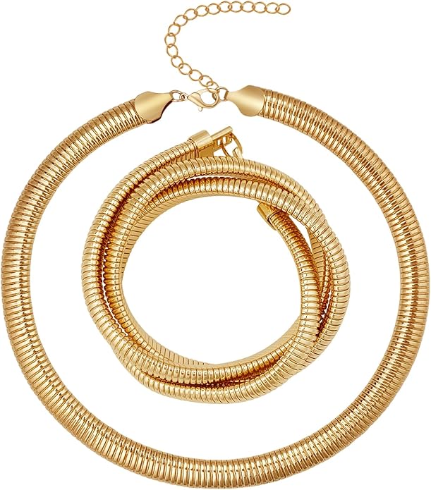 YBMYCM Chunky Gold-plated Silver Jewelry Set Multi Strands Stainless Steel Choker Necklace Bracelet Set for Women