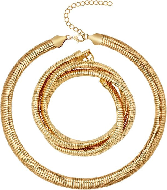 YBMYCM Chunky Gold-plated Silver Jewelry Set Multi Strands Stainless Steel Choker Necklace Bracelet Set for Women