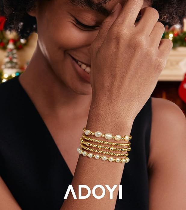 adoyi Gold Bracelets for Women Beaded Bracelet 14K Gold Plated Bracelet Stack Strand Stretch Bead Ball Bracelet Set Stackable Bracelet Adjustable Bracelet Set Jewelry for Gifts