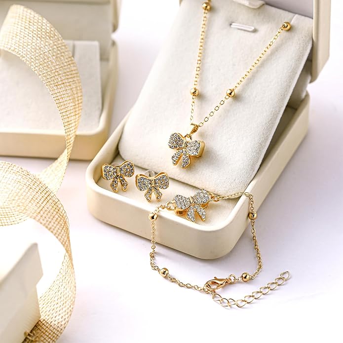 Bucherry 3 Pcs Heart Jewelry Set Bow Snowflake Jewelry Heart Pendant Chain Toggle Necklace with Bracelet Earrings Snowflake Stainless Steel Link Chain for Women Gift