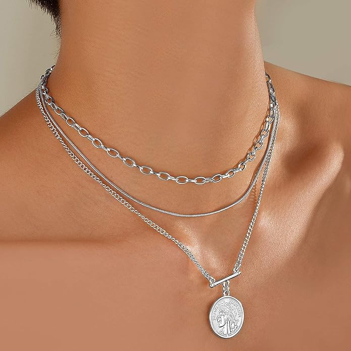 LANE WOODS Gold Plated Necklaces for Women - Multilayer Coin Medallion Pendant Necklace Adjustable Layering Choker Necklaces Chain Set Jewelry