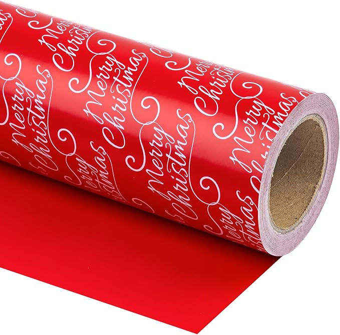 WRAPAHOLIC 30 Inch Jumbo Reversible Red Christmas Wrapping Paper - 30 Inch x 100 Feet Jumbo Roll Merry Christmas and Solid Red Wrapping Paper for Holiday, Party Celebration