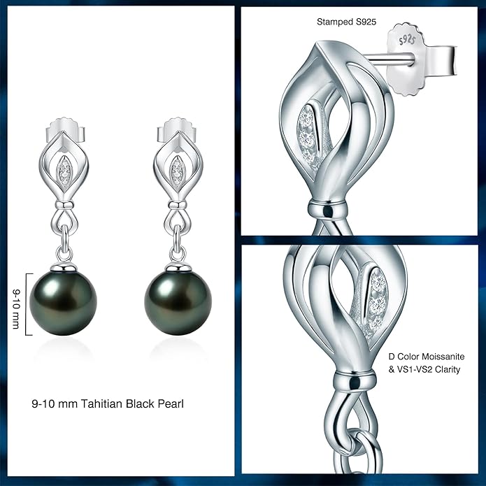 Genunie Tahitian Black Pearl Earrings, 9-11mm AAAA Natural Ocean-Grown Pearls with Sterling Silver Moissanite Earring, Anniversary Wedding Birthday Christmas Gift for Wife Mom Daughter, Women Jewelry