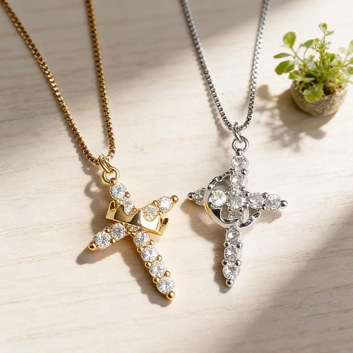 Crown Cross Necklace for Women, 14K Gold Silver Cubic Zirconia Crown Cross Necklace, Diamond Gold Silver Cross Necklaces, Dainty Cross Faith Simple Trendy Charm Jewelry Gift for Women