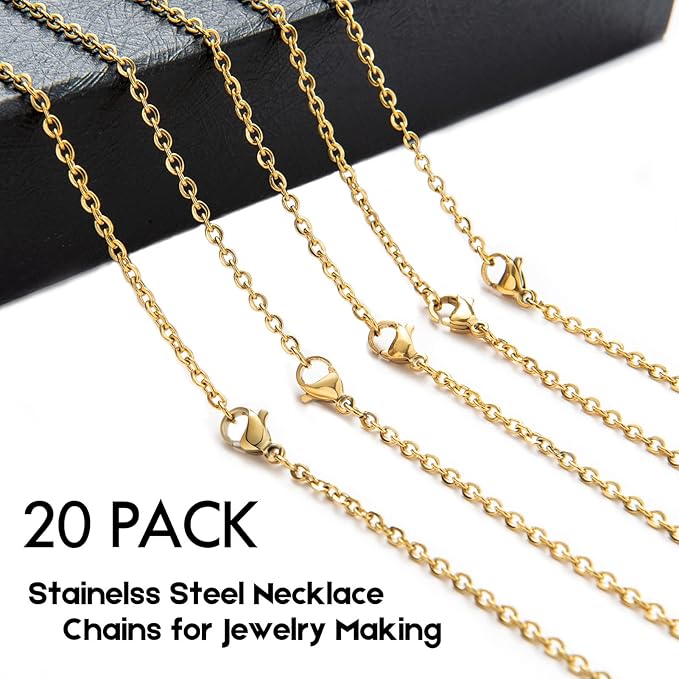 20 Pack Necklace Chains Gold Plated Stainless Steel Cable Chain Necklace Bulk for Jewelry Making, 16 Inches