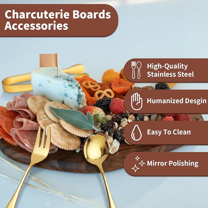 Gold Charcuterie Boards Accessories(26 PCS), Gift Box Packaging, With Ceramic Dip Bowls, Wooden Handle Cheese Spreader Butter Knive Set, Mini Tongs, Spoons, Forks,Honey Dipper, Cocktail Picks
