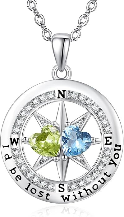 Compass Necklace for Women, Exquisite S925 Valentines Day Anniversary Birthday Gifts for Wife Her Double Birthstone Pendant Jewelry ‘I'd be Lost Without You’