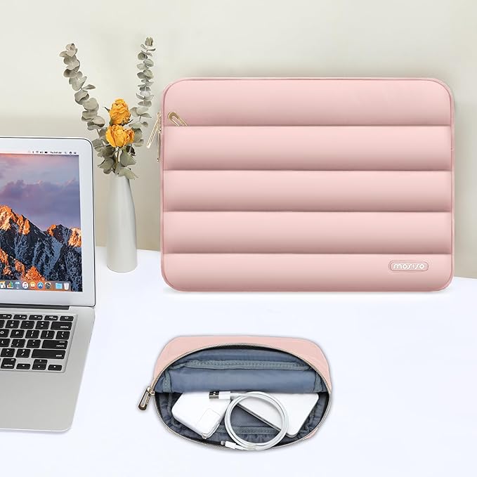 MOSISO 13.3 inch Laptop Case, 13-13.3 inch Puffy Laptop Sleeve Compatible with MacBook Air 13 13.6 M4 M3 M2 M1/Pro 13/Pro 14, HP Dell ASUS Lenovo,Polyester Horizontal Bag with Small Case, Pink