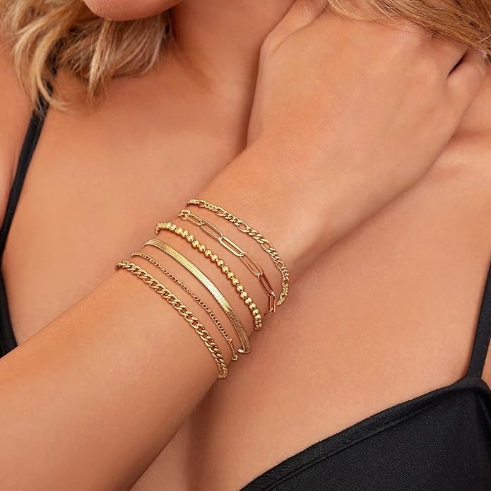 Luxval Gold Bracelets for Women 18K Gold Plated Stack Bracelet Jewelry Beaded/Paperclip/Satellite/Figaro/Snake/Cuban Link chain Bracelets Fashion Jewelry Accessories Gifts for Women Girls